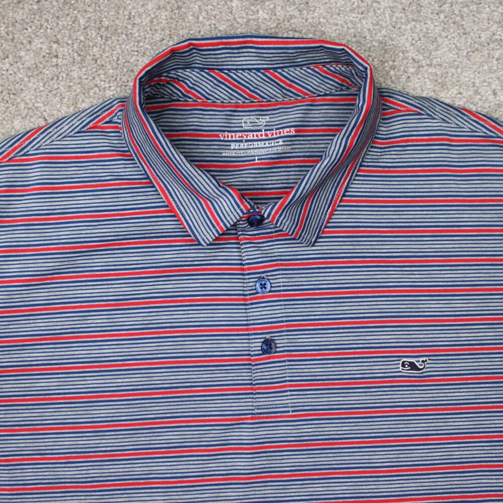 Vineyard Vines Performance Polo Shirt Mens Large Red/Blue Striped Stretch S/S - Picture 6 of 14
